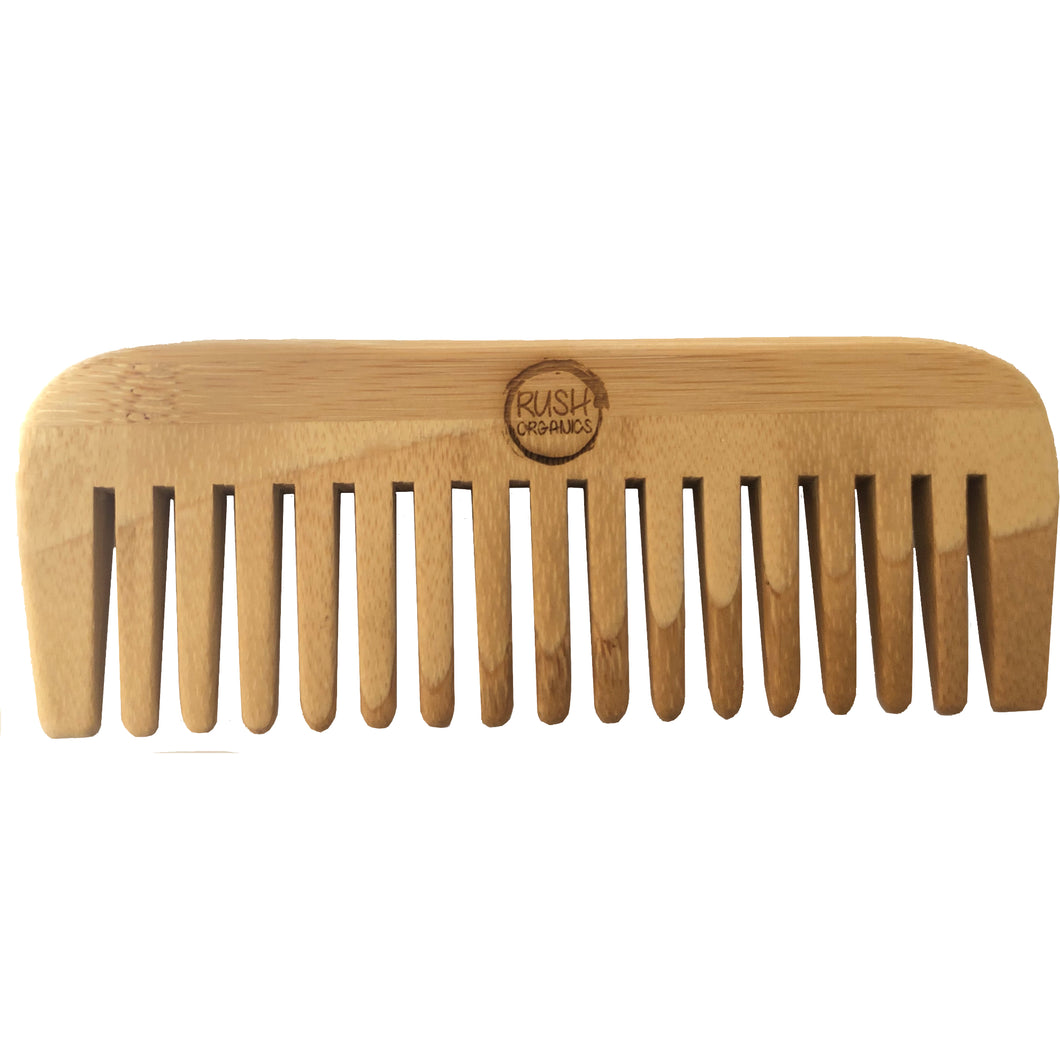 bamboo wide toothed comb with rush organics logo