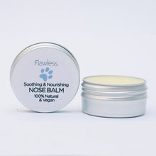 Load image into Gallery viewer, 2 x flawless soothing and nourishing plastic free dog nose balm 100% natural and vegan, opened with full jar on end and lid on side.
