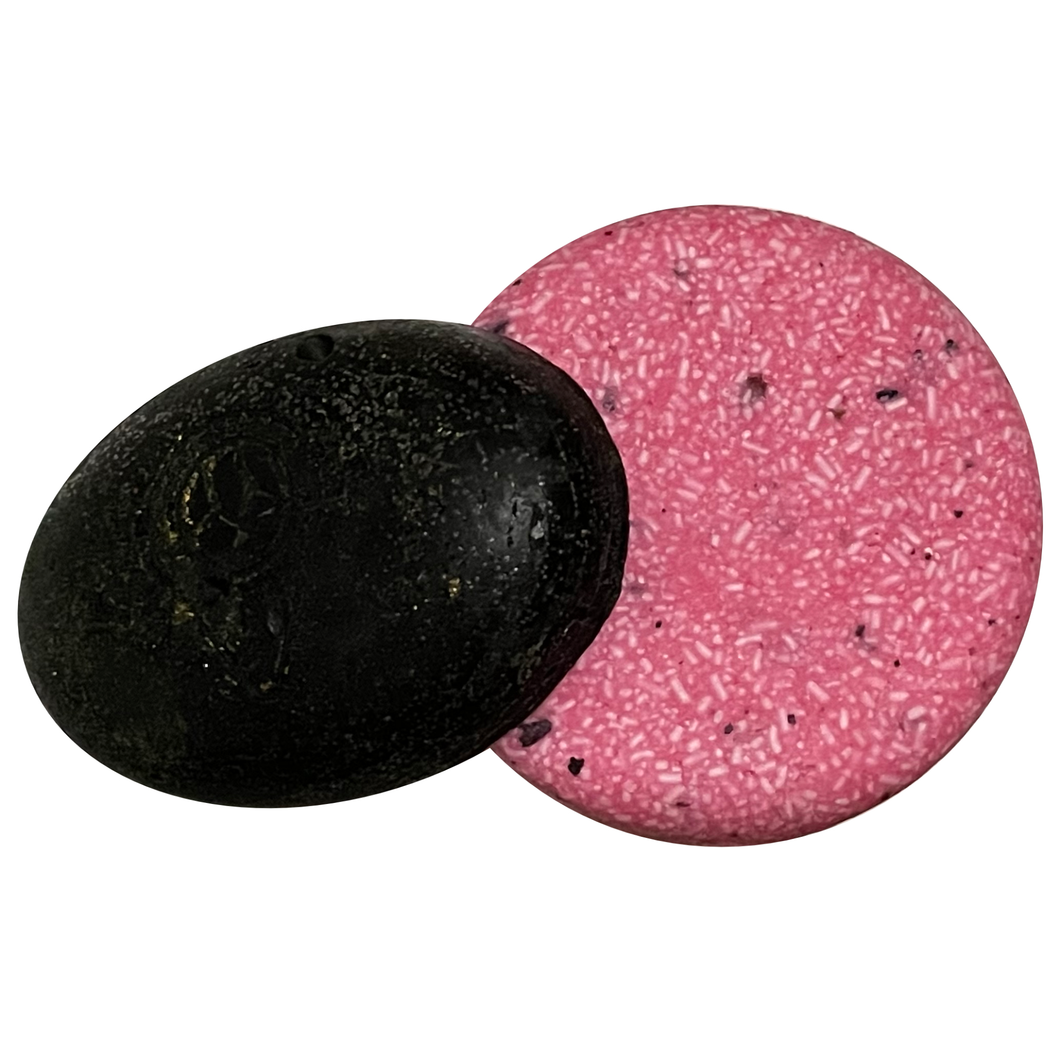 rosey rose shampoo bar and black beauty conditioner bar. great for oily hair.