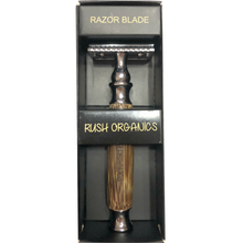 Load image into Gallery viewer, plastic free eco friendly bamboo safety razor in black box. Box has the extra razor blades in the top and Rush Organics in the middle.
