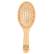 Load image into Gallery viewer, bamboo round hair brush with natural rubber. rush organics logo at the bottom on the handle.
