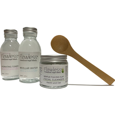 flawless skincare bundle; hydrating toner - rose and lavender, micellar water - aloe and lavender, facial cleanser - kaolin and oat, bamboo spoon