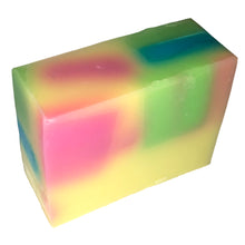 Load image into Gallery viewer, yellow, pink, blue and green summer fruits organic vegan soap bar
