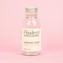 Load image into Gallery viewer, 100ml Clear glass bottle with aluminium lid of Flawless hydrating face toner - rose and lavender scented, on a pink background
