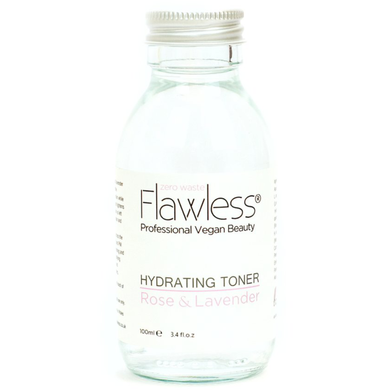 100ml Clear glass bottle with aluminium lid of Flawless hydrating face toner - rose and lavender scented.